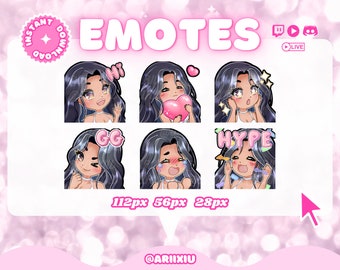 Emoticonos de chica chibi para Twitch / Pelo negro, ojos marrones, piel morena / YouTube / Discord / TikTok