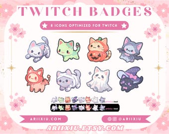 May include: Eight Halloween-themed Twitch badges featuring cute cartoon cats in various costumes, including a pumpkin, a ghost, a mummy, a witch, a vampire, and a skeleton. The badges are optimized for Twitch and are available for purchase on Ariixiu.com and Ariixiu.etsy.com.
