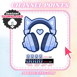 May include: Blue and white cat ear headphones with a pink heart in the center. The image includes text that says "CHANNEL POINTS" and "Instant DOWNLOAD".
