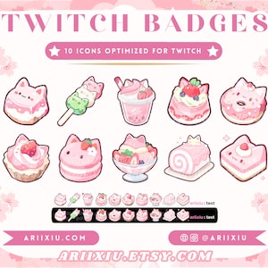 Conjunto de Emblemas do Cute Cat Café | Sobremesa de Morango Kitty Boba Dango | Emblemas de Inscrição/Bit do Twitch | Ícones de Pontos do Canal | Funções do YouTube no Discord
