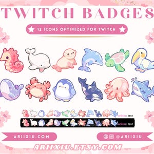 Conjunto de distintivos Chibi Ocean Animals | Distintivos e emotes fofos do Twitch Sub/Bit do mar pastel | Ícones de pontos do canal | Transmita funções do YouTube Kick Discord