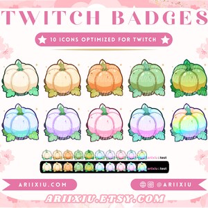 May include: Set of 10 digital Twitch badges featuring colorful pumpkin illustrations. The badges are optimized for Twitch and are available for download.