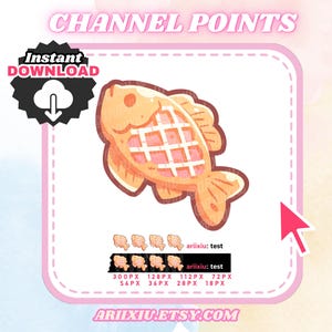 Pode incluir: Uma ilustração digital de um pastel em forma de peixe rosa e amarelo, chamado taiyaki, com um padrão de grade. A imagem é para um conjunto de recompensas de pontos de canal para streamers do Twitch. O texto "ariixiu: test" está na parte inferior da imagem.