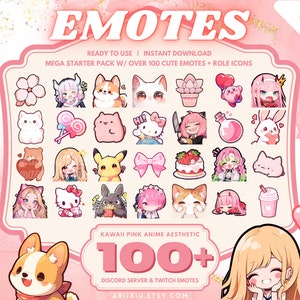 MEGA Starter Emotes rose Kawaii Anime | Plus de 100 émoticônes pour serveurs Discord et Twitch | Coup de pied Youtube | Diffusion en continu | Joueur | Emoji | Préfabriqué