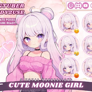 Könnte beinhalten: Eine digitale Illustration eines niedlichen Anime-Mädchens mit lila Haaren und rosa Kleidung. Sie hat fünf verschiedene Gesichtsausdrücke, darunter glücklich, traurig, überrascht, wütend und trinkend. Das Bild ist mit "PNGTuber Ready2Use" und "5 Total Expressions Cute Moonie Girl" beschriftet.