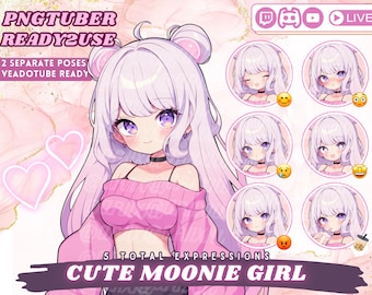 May include: A digital illustration of a cute anime girl with purple hair and pink clothing. She has five different facial expressions, including happy, sad, surprised, angry, and drinking. The image is labelled "PNGTuber Ready2Use" and "5 Total Expressions Cute Moonie Girl".