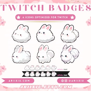 May include: A set of six digital Twitch badges featuring white fluffy rabbits with pink ears and black eyes. The text TWITCH BADGES, 6 ICONS OPTIMIZED FOR TWITCH, ARIIXIU.COM, and ARIIXIU.ETSY.COM is displayed alongside smaller versions of the rabbit icons.