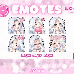 Chibi Girl Cute Twitch Discord Emote Starter Pack | Streaming | Gamer | Streamer | White / Platinum Hair | Brown Eyes | Fair Skin Tone