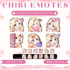 Puede incluir: Gráfico de arte digital con seis emotes chibi con cabello rubio y detalles en rosa, optimizados para Twitch. Los emotes muestran diversas expresiones y texto como "LURK" y "RAID". La imagen también incluye el texto "CHIBI EMOTES" e información del sitio web.