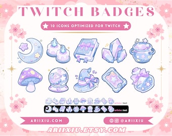 May include: A set of 10 witch-themed Twitch badges featuring illustrations of a crescent moon, candles, a book, crystals, a cauldron, a mushroom, a snow globe, a witch's hat, a tarot card, and a potion bottle. The badges are designed in a pastel color scheme with a starry sky background.