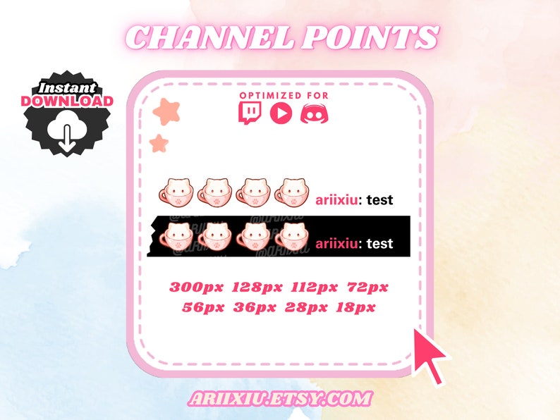 May include: A set of pink and white cat channel point icons for Twitch, YouTube, and Discord. The icons are in different sizes, ranging from 18 pixels to 300 pixels. The text "ariixiu: test" appears twice on the image.