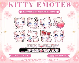 May include: Digital artwork showcasing eight white cat emotes with diverse expressions, such as confusion, anger, and sadness. The text "KITTY EMOTES" is at the top, with "8 EMOTES OPTIMIZED FOR TWITCH" below. The seller's website and social media handles are at the bottom.