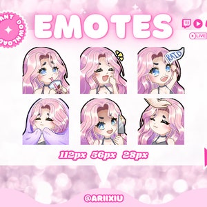 Puede incluir: Un conjunto de seis emoticonos animados de color rosa y blanco que representan a un personaje de dibujos animados con cabello rosa y ojos azules. Los emoticonos están en diferentes poses y expresiones, incluyendo beber un té de burbujas, sonreír y llevar una pancarta de "RAID". Los emoticonos están diseñados para su uso en Twitch y Discord.