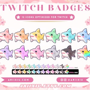 Cute Baby Shark Badge Set | Twitch Sub / Bit Badges Cheer & Emote | Colorful Chibi Rainbow Channel Points Icons | Streamer YouTube Discord