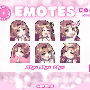 Puede incluir: Seis emoticonos animados con un personaje de dibujos animados con cabello y ojos marrones. El personaje se muestra en diferentes poses, incluyendo beber una bebida, reír y sostener un cuchillo. Los emoticonos están diseñados para usar en Twitch y Discord. El texto "EMOTES" se muestra en letras grandes de color rosa en la parte superior de la imagen. El texto "112px 56px 28px" se muestra debajo de los emoticonos. El texto "@ARIXIU" se muestra en la parte inferior de la imagen.