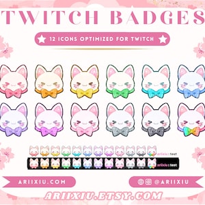 Conjunto de insignias con íconos de cara de gato lindo / Suscripción a Twitch / Insignias de bits, porras y emoticones / Puntos de canal de gatito arcoíris pastel / Transmisor de YouTube Discord