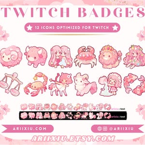 Zestaw odznak zodiaku Pink Chibi | Urocze pastelowe odznaki i emotikony Twitch Sub / Bit | Ikony punktów kanału | Stream YouTube Kick Discord Role