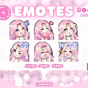 Puede incluir: Seis emoticonos animados que presentan un personaje de pelo rosa con diferentes expresiones y superposiciones de texto. Los emoticonos incluyen "Hi", "GG", "Hype" y otros. Los emoticonos están diseñados para su uso en Twitch y otras plataformas de streaming.
