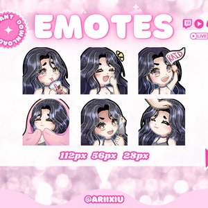 ちびガール かわいい Twitch Discord エモート スターター パック PT 2 | ストリーマー | ゲーマー | アニメ | 漆黒の髪 | 茶色の目 | 黒いトップス | 色白の肌