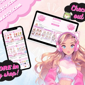 May include: A pink and white laptop computer screen displaying an Etsy shop with the text "ARIIXIU" and "pog tuber" with a pink rose graphic. A pink and white smartphone screen displaying the same Etsy shop with the text "BADGES" and "MORE in my shop!" A cartoon illustration of a woman with pink hair wearing pink headphones with cat ears. The text "Check out" is in a black speech bubble with a green frog.