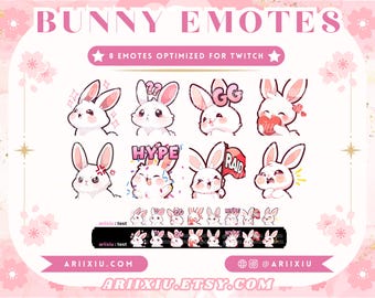 May include: A set of eight pink and white bunny Twitch emotes. The emotes feature different expressions and text, including "GG", "Hype", and "Raid".