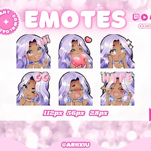 Chibi Girl Twitch Emotes: Lavender Hair, Brown Eyes, Deep Skin (Digital Download)