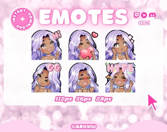 Chibi Girl Cute Twitch Discord Emote Starter Pack | Streaming | Gamer | Streamer | Lavender Hair | Brown Eyes | Deep Skin Tone