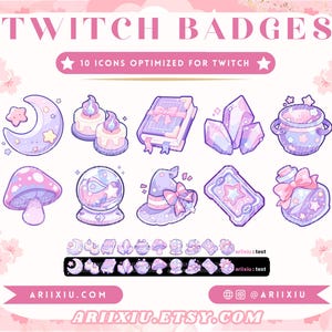Op de afbeelding: Een set van 10 Twitch-badges met een heksenthema met illustraties van een halve maan, kaarsen, een boek, kristallen, een ketel, een paddenstoel, een kristallen bol, een heksenhoed, een toverstaf en een flesje toverdrank. De badges zijn ontworpen in een pastelpaars en roze kleurenschema met sterren en glitteraccenten. De tekst "TWITCH BADGES" en "10 ICONS OPTIMIZED FOR TWITCH" wordt bovenaan de afbeelding weergegeven.