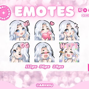 Chibi Girl Cute Twitch Discord Emote Starter Pack | Streaming | Gamer | Streamer | White / Platinum Hair | Blue Eyes | Fair Skin Tone