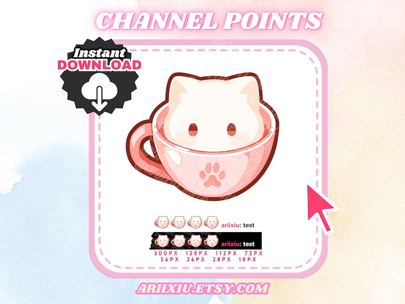 May include: A pink teacup with a white cat peeking out of the top. The teacup has a paw print on the side. The image includes the text "CHANNEL POINTS" and "Instant DOWNLOAD".