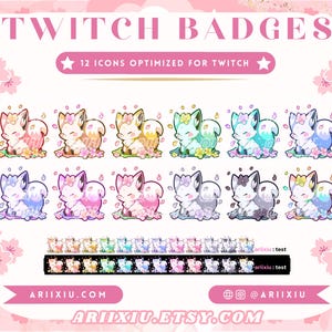 Set di distintivi Chibi Kitsune carini / Twitch Sub / Bit Badges Cheer & Emote / Sakura Cherry Blossom Channel Points Icons / Streamer YouTube Discord