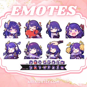 Raiden-shogun-emoteset | Kawaii schattig paars haar anime meisje emotes | Klaar voor gebruik | Twitch Youtube Kick Discord | Streamen | Emoji