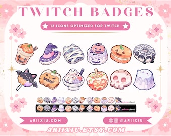 May include: A digital graphic featuring 12 Twitch badges with a Halloween theme. The badges include a witch hat, pumpkin, mummy, and other spooky icons. The text "TWITCH BADGES" and "12 ICONS OPTIMIZED FOR TWITCH" are displayed at the top.