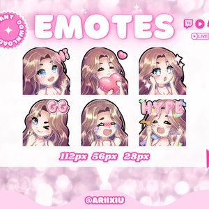 Puede incluir: Un conjunto de seis emoticonos animados con una mujer de dibujos animados de pelo largo y castaño. Los emoticonos están en una cuadrícula de dos filas y tres columnas. Los emoticonos están etiquetados como "Hi", "GG", "Hype", "Love", "Sad" y "Wow".