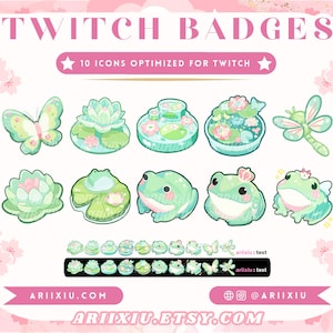 May include: A set of 10 digital Twitch badges featuring cute green frogs, a butterfly, a dragonfly, and lily pads. The badges are optimized for Twitch and are available for purchase on Ariixiu.com and Ariixiu.etsy.com.
