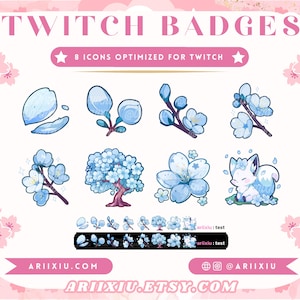 May include: A set of eight blue and white Twitch badges featuring cherry blossoms and a fox. The badges are optimised for Twitch and are available for purchase on the website arixiu.com.