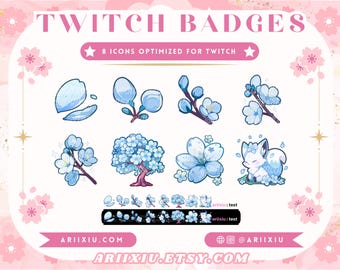 Blue Sakura Blooming Twitch Badges | Sub, Bits, Cheer, Channel Points Icons | YouTube / Discord / TikTok