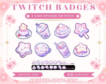 May include: Eight colorful Twitch badges featuring cute cartoon illustrations of desserts and drinks. The badges are optimized for Twitch and feature a star theme. The text "TWITCH BADGES" and "8 ICONS OPTIMIZED FOR TWITCH" are at the top of the image. The text "ARIIXIU.COM" and "ARIIXIU.ETSY.COM" are at the bottom of the image.