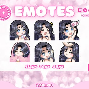 Puede incluir: Un gráfico rosa con la palabra "EMOTES" y seis ilustraciones de dibujos animados de una mujer con cabello negro y ojos azules. Las ilustraciones están en diferentes poses. El gráfico también incluye el texto "DESCARGA INSTANTÁNEA" e iconos de redes sociales.
