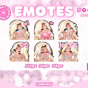 Puede incluir: Un conjunto de seis emoticonos animados de Twitch que presentan a una mujer rubia con diferentes expresiones y superposiciones de texto. Los emoticonos incluyen "Hi", "GG", "Hype", "Love", "Sad" y "Wow". Los emoticonos están diseñados en un estilo de dibujos animados y son perfectos para usar en Twitch.