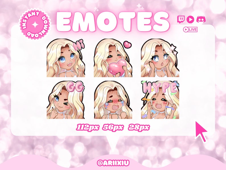 Chibi Girl Cute Twitch Discord Emote Starter Pack Streaming Gamer Streamer Blonde Hair Blue Eyes Medium Skin Tone image 1