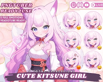 May include: A digital illustration of a cute kitsune girl with pink hair and a white and red outfit. The image includes five different expressions of the girl, including happy, sad, angry, surprised, and neutral. The text "PNGTUBER READY2USE 5 FULL EMOTIONS VEADOTUBE READY" is at the top of the image. The text "5 TOTAL EXPRESSIONS CUTE KITSUNE GIRL" is at the bottom of the image.