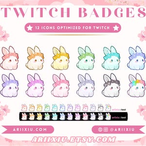 Peut inclure: Douze icônes de lapin coloré avec des couronnes de fleurs, optimisées pour Twitch. Les icônes sont disposées en deux rangées de six. Le texte "TWITCH BADGES" est en haut de l'image. Le texte "★ 12 ICONS OPTIMIZED FOR TWITCH ★" est sous le titre. Le texte "arilxio: test" et "ariixiu: test" est en bas de l'image. Le texte "ARIIXIU.COM" est dans le coin inférieur gauche de l'image. Le texte "@ARIIXIU" est dans le coin inférieur droit de l'image. Le texte "ARIIXIU.ETSY.COM" est au centre de l'image.