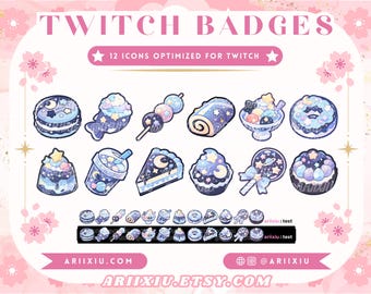 May include: A digital graphic featuring 12 Twitch badges with a celestial dessert theme. The badges include a macaron, fish-shaped parfait, dango, cake roll, sundae, donut, parfait, boba, cake slice, cupcake, lollipop, and a layered cake. The text "TWITCH BADGES" and "12 ICONS OPTIMIZED FOR TWITCH" are displayed.