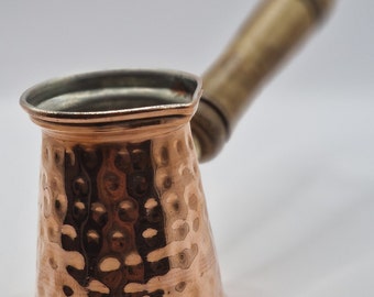 Solid Hammered Copper Turkish/Arabic Coffee Pot with a long Wooden Handle.