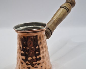 Solid Hammered Copper Turkish/Arabic Coffee Pot with a long Wooden Handle.