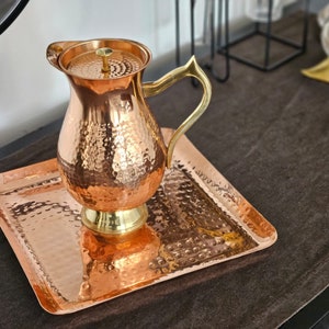 Handmade Pure Copper Jug with Brass Handle (tray not included), Hammered Copper Carafe, Copper Pitcher, 7th Wedding Anniversary Gift.