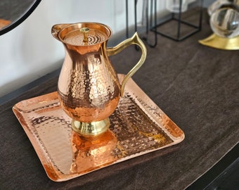 Handmade Pure Copper Jug with Brass Handle (tray not included), Hammered Copper Carafe, Copper Pitcher, 7th Wedding Anniversary Gift.