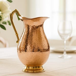 Handmade Hammered Copper Pitcher with Brass Handle and Beer Mugs, 7th Anniversary Gift