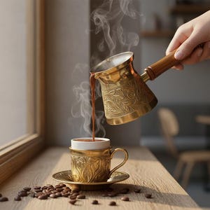 Cafetière turque en laiton faite main - Manche en bois, design authentique